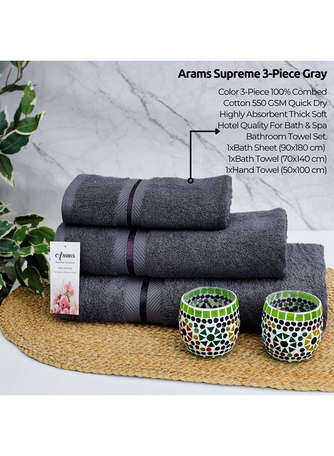 Arams Supreme 3-Piece 100% Combed Cotton 550 GSM Quick Dry Highly Absorbent Thick Soft Hotel Quality For Bath And Spa Bathroom Towel Set  1xBath Sheet (90x180 cm), 1xBath Towel (70x140 cm), 1xHand Towel (50x100 cm) Gray Color