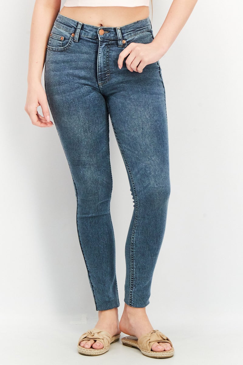 Women Regular Fit Washed Stretchable Denim Jeans, Navy Blue