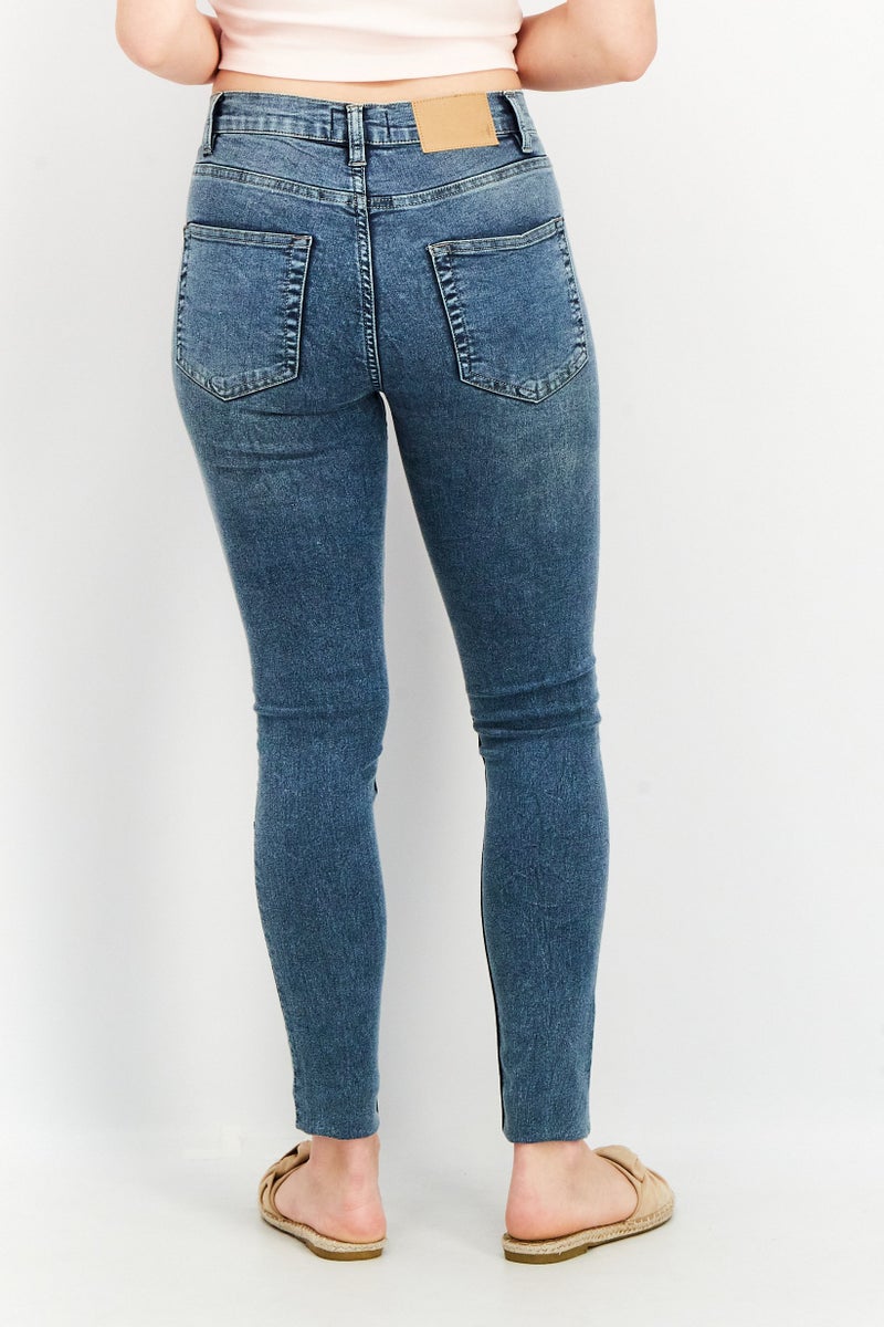 Women Regular Fit Washed Stretchable Denim Jeans, Navy Blue