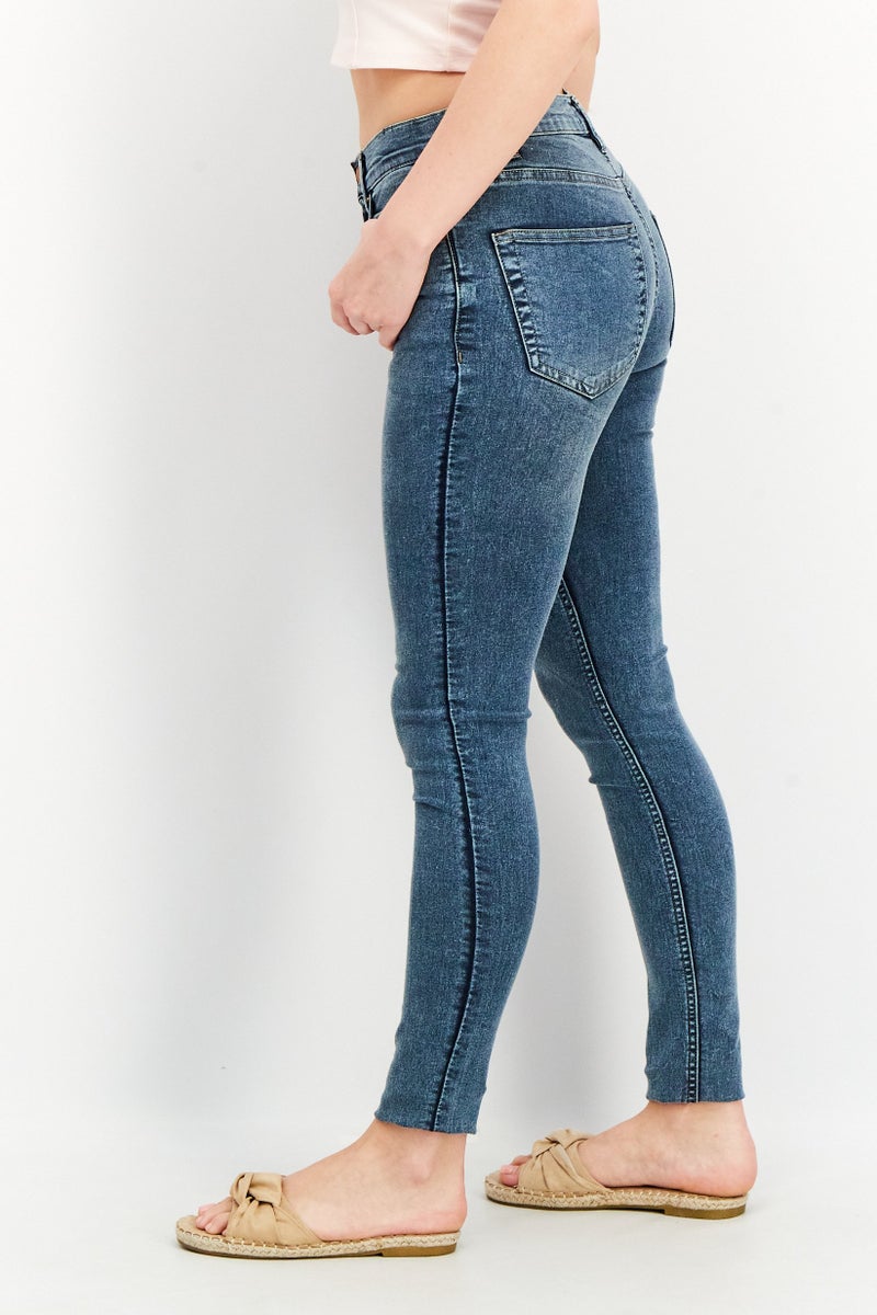 Women Regular Fit Washed Stretchable Denim Jeans, Navy Blue