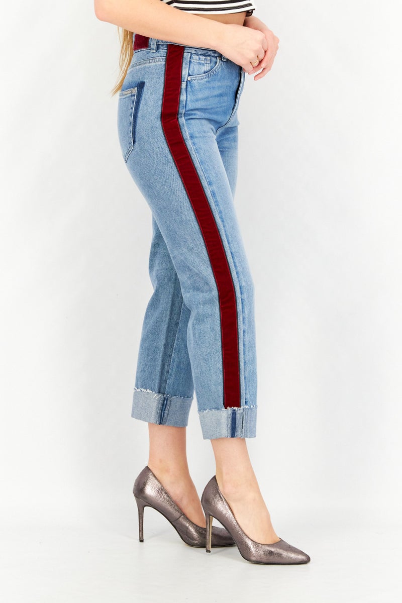 Women Straight Waist Stretchable Denim Jeans, Wash Blue