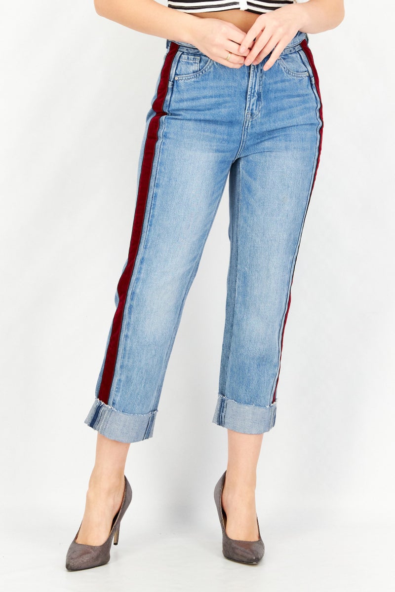 Women Straight Waist Stretchable Denim Jeans, Wash Blue