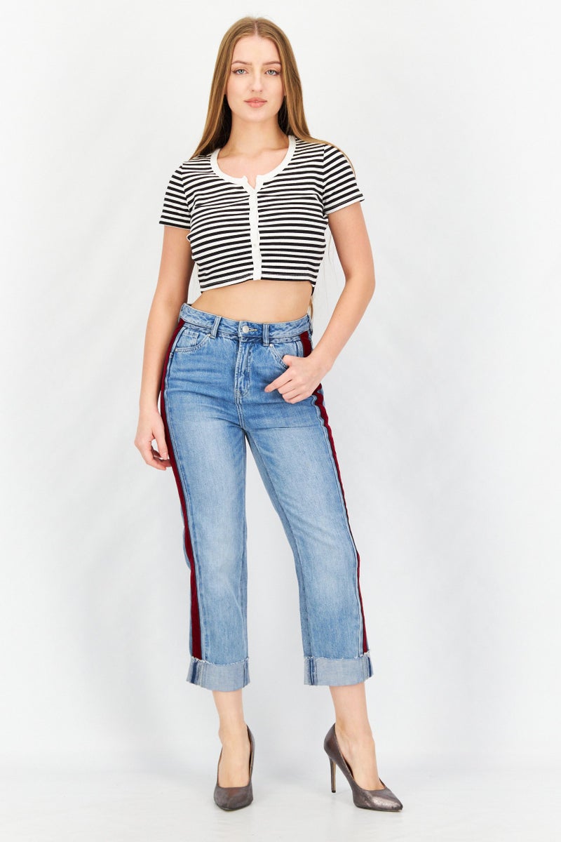Women Straight Waist Stretchable Denim Jeans, Wash Blue