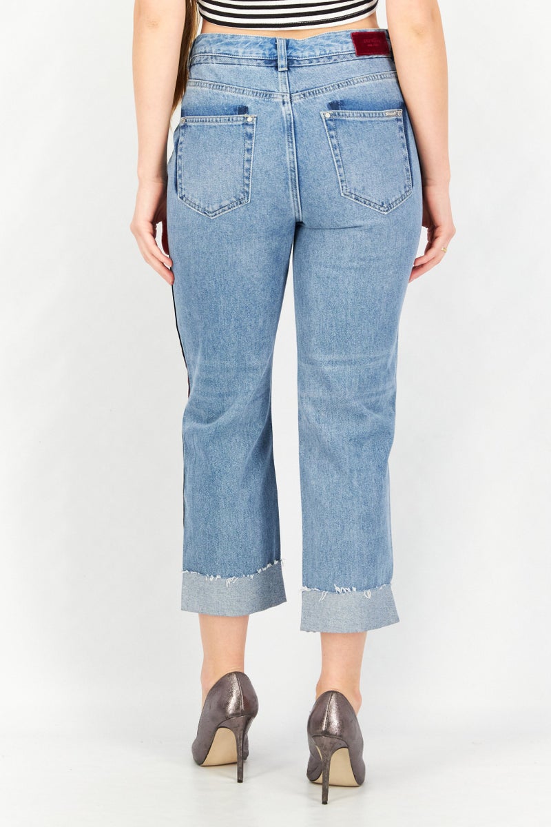 Women Straight Waist Stretchable Denim Jeans, Wash Blue