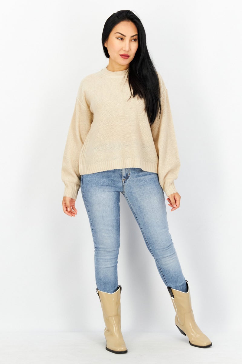 Women Crew Neck Knitted Sweater, Tan