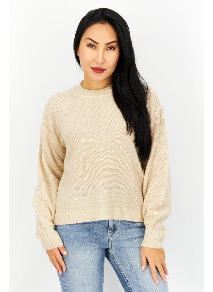 Women Crew Neck Knitted Sweater, Tan