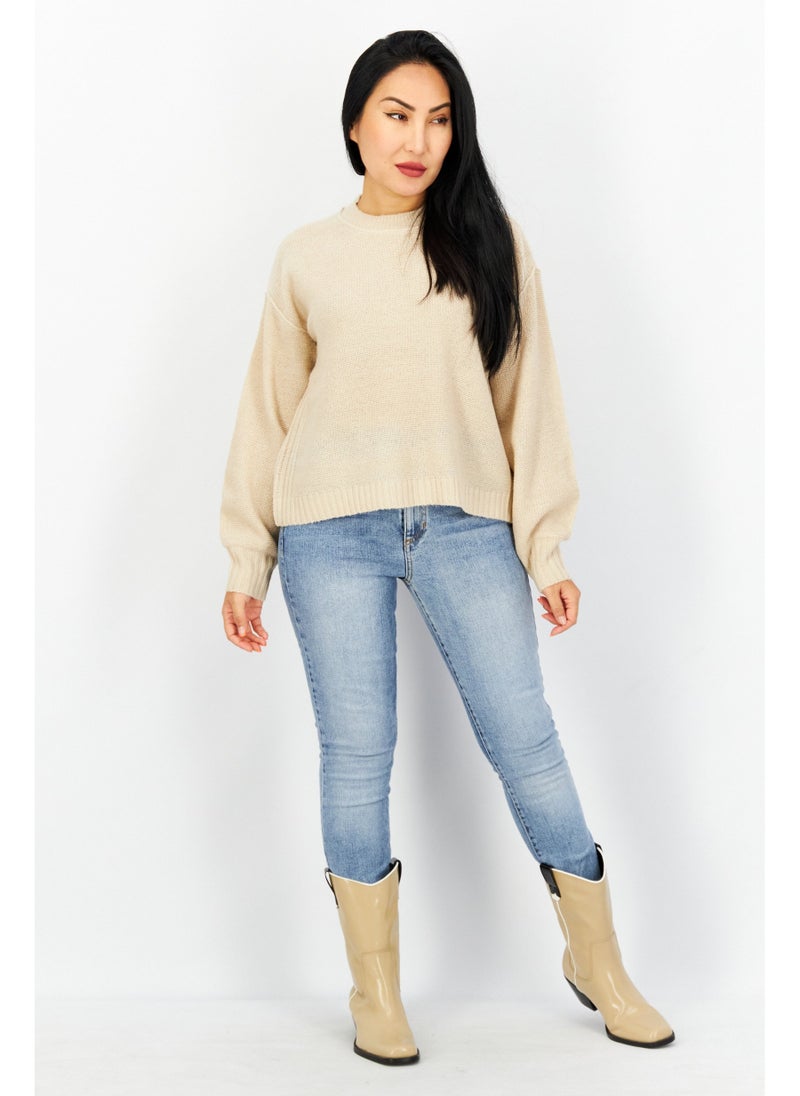 Women Crew Neck Knitted Sweater, Tan