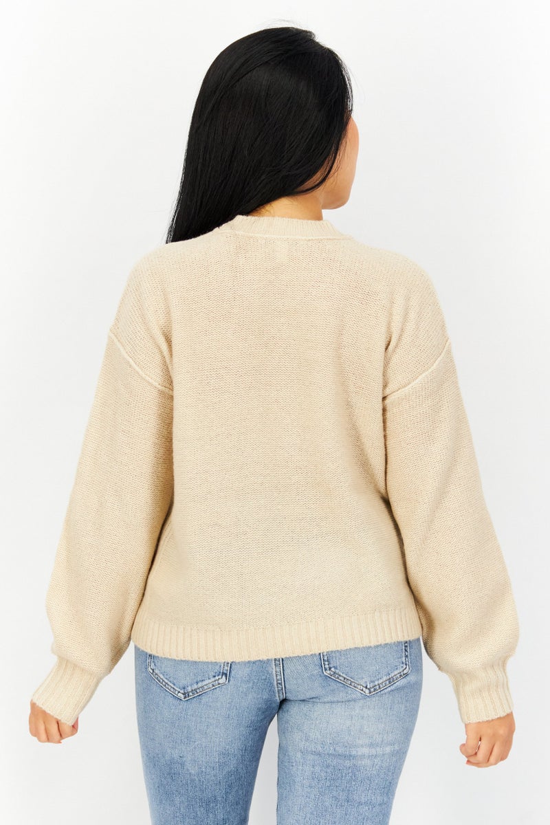 Women Crew Neck Knitted Sweater, Tan