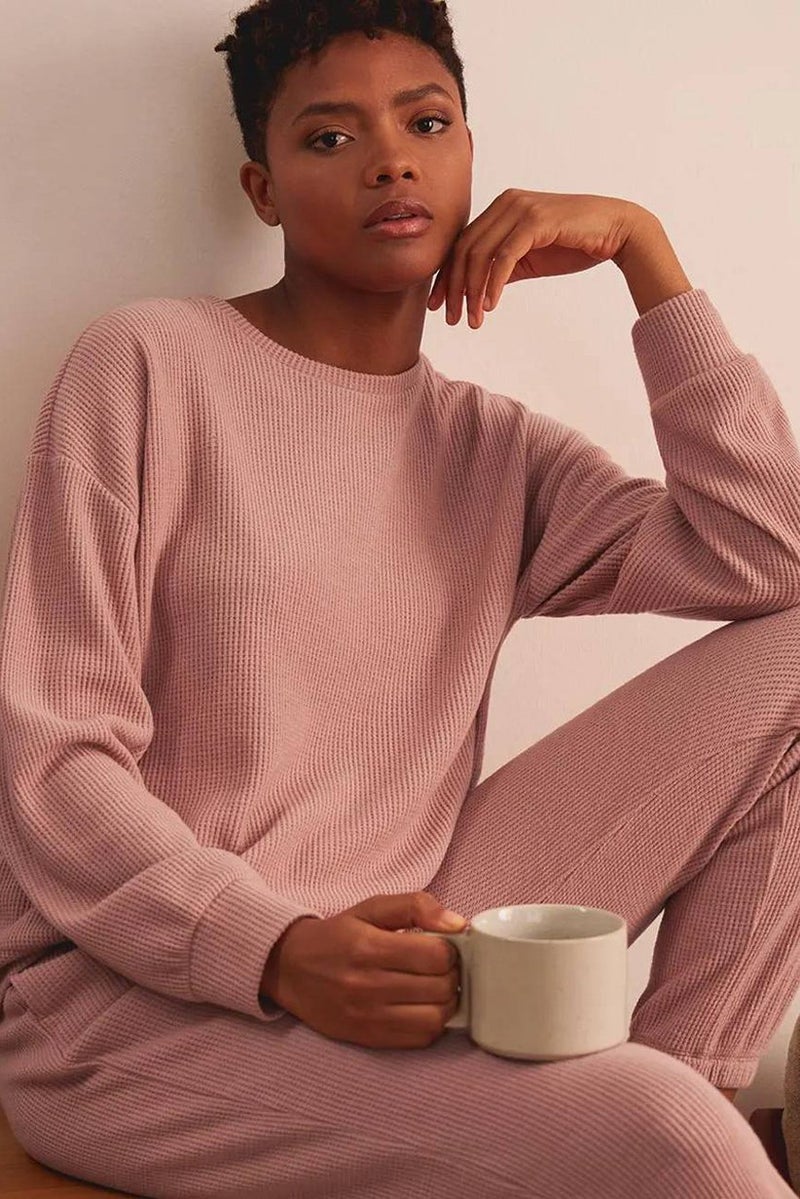 Women Crew Neck Long Sleeve Textured Sweater, Pink