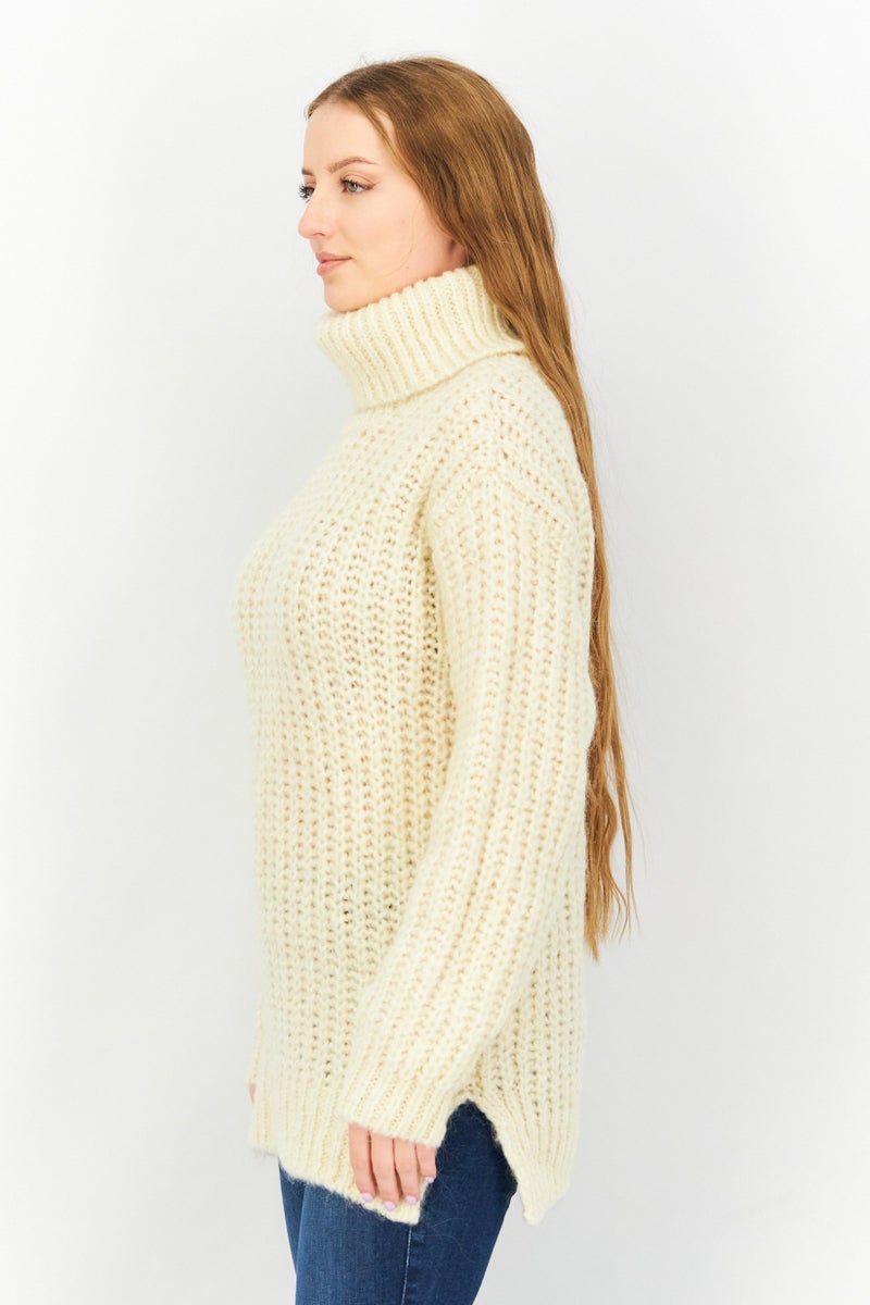 Women Mock Neck Plain Sweater, Cream