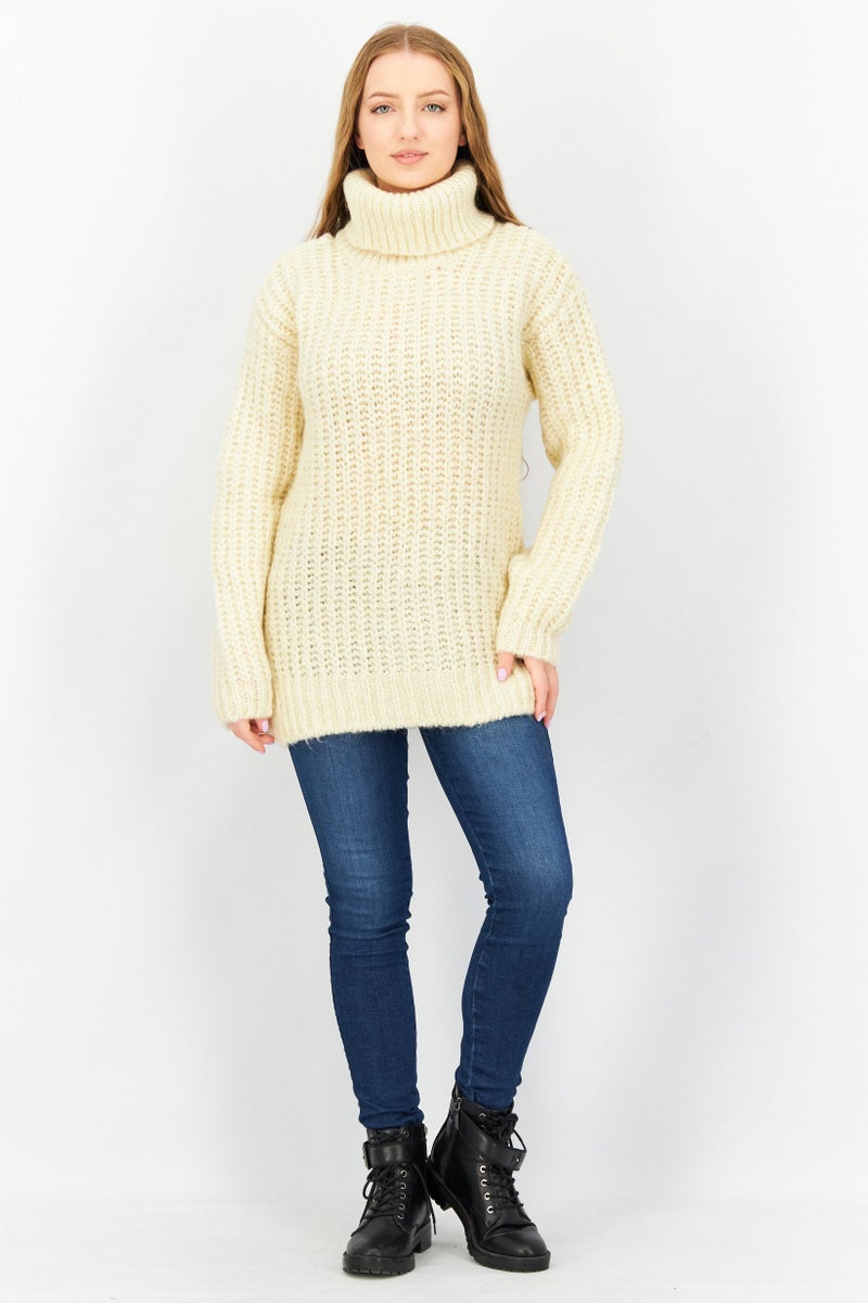 Women Mock Neck Plain Sweater, Cream