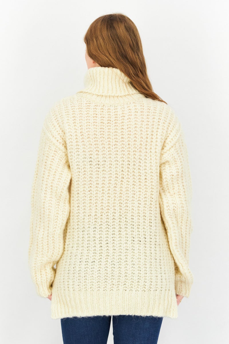 Women Mock Neck Plain Sweater, Cream