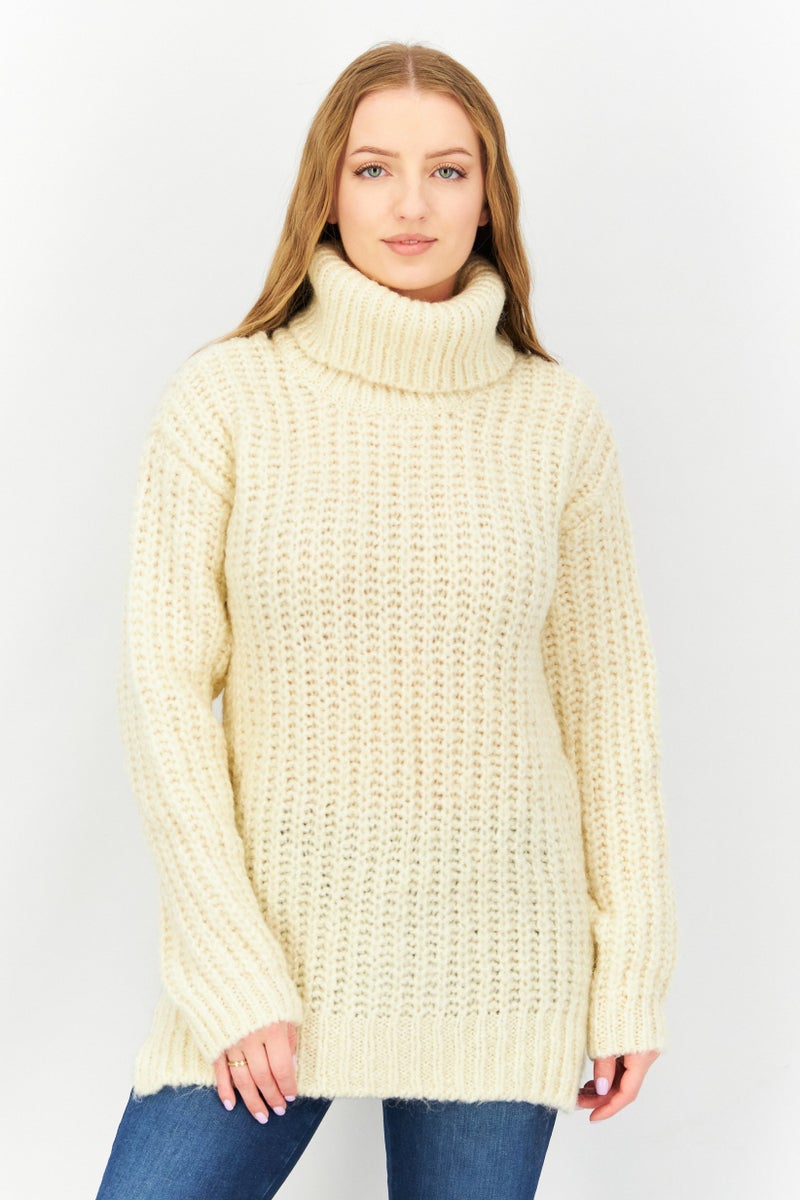 Women Mock Neck Plain Sweater, Cream