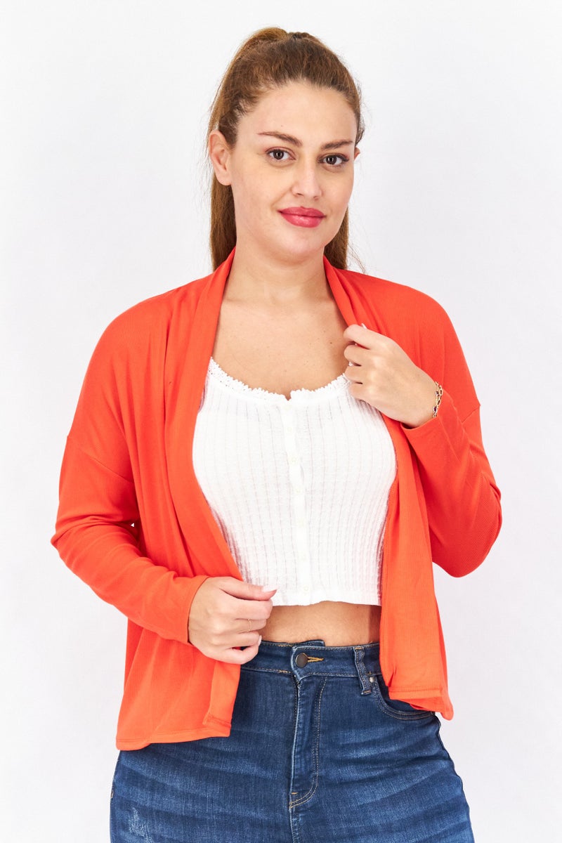 Women Split Neck Plain Cardigan, Hibiscus