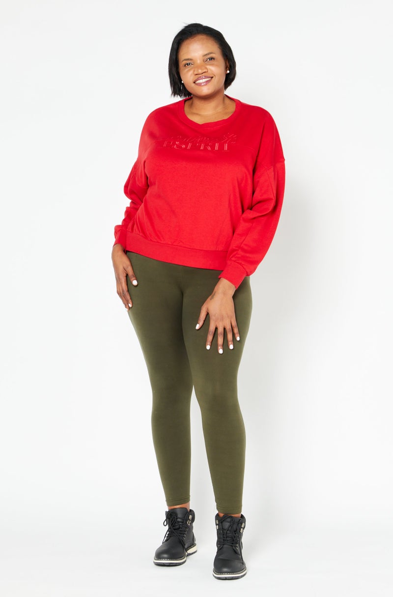 Women Round Neck Long Sleeves Embroidered Logo Sweater, Red