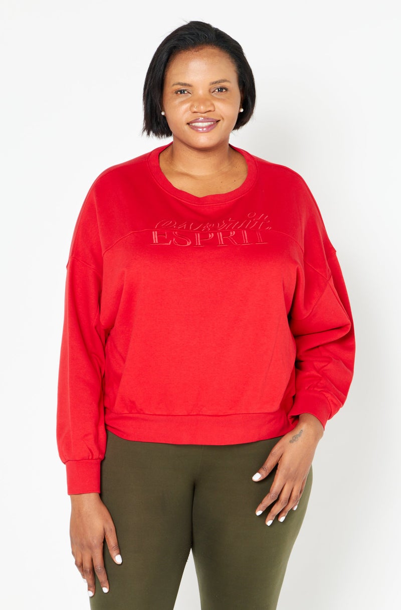 Women Round Neck Long Sleeves Embroidered Logo Sweater, Red