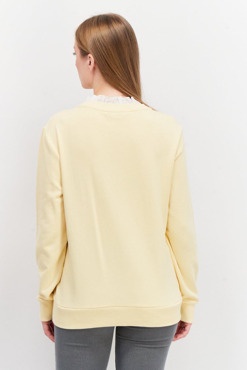 Women Overlay Ruffled Neck Plain Sweater, Yellow