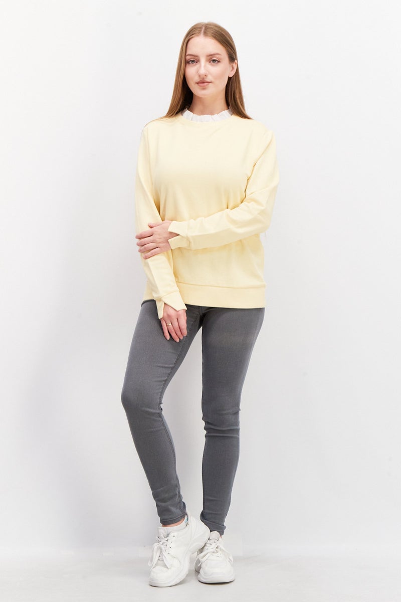 Women Overlay Ruffled Neck Plain Sweater, Yellow