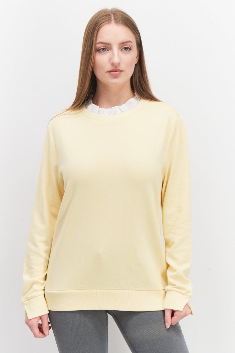 Women Overlay Ruffled Neck Plain Sweater, Yellow