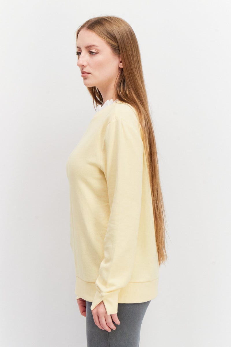 Women Overlay Ruffled Neck Plain Sweater, Yellow