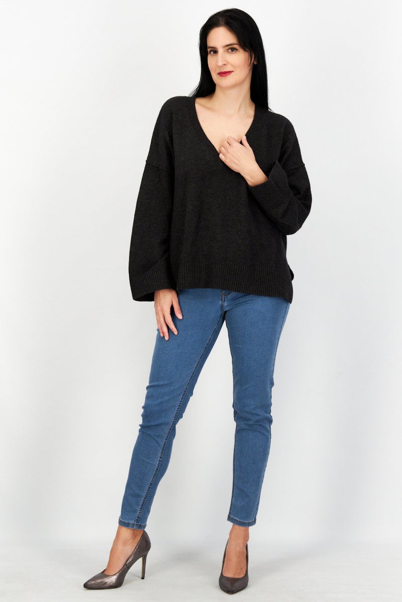 Women V-Neck Knitted Sweater, Charcoal