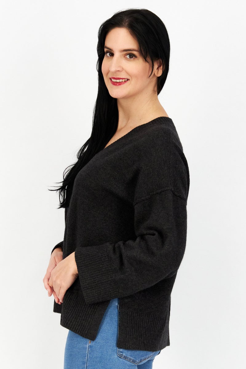 Women V-Neck Knitted Sweater, Charcoal