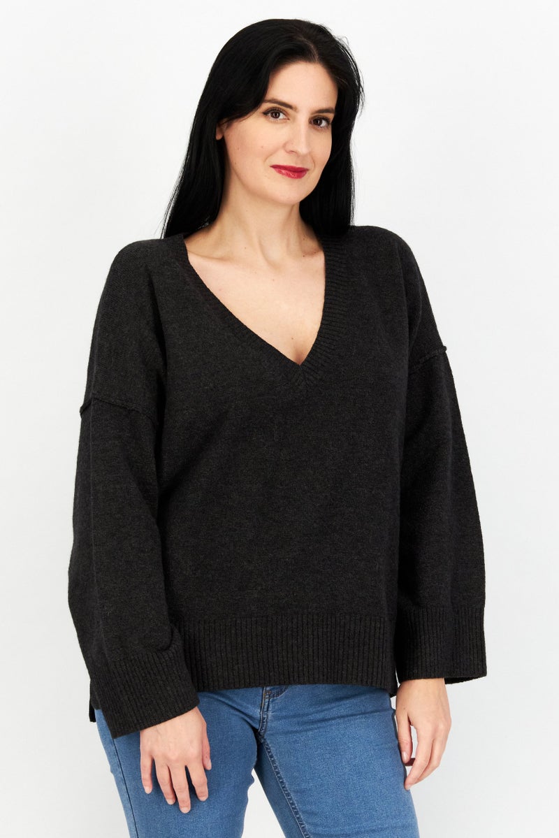 Women V-Neck Knitted Sweater, Charcoal