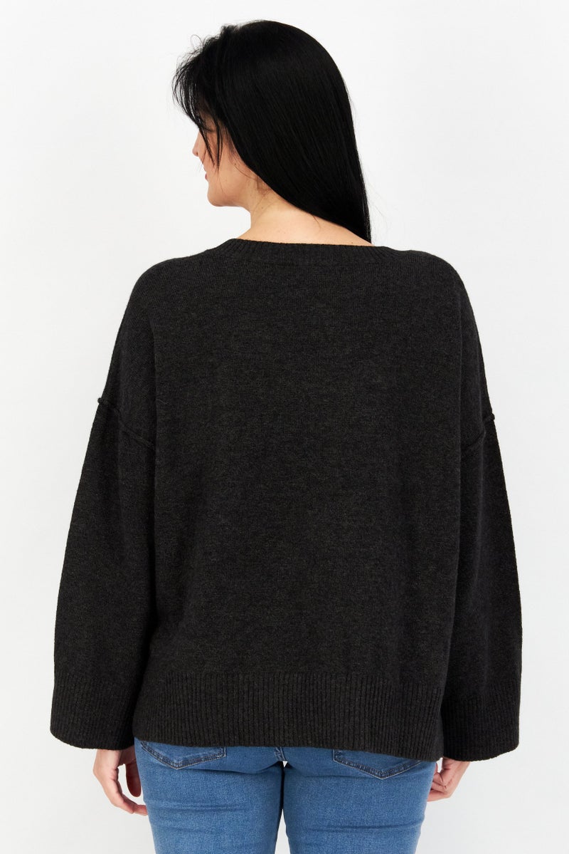 Women V-Neck Knitted Sweater, Charcoal