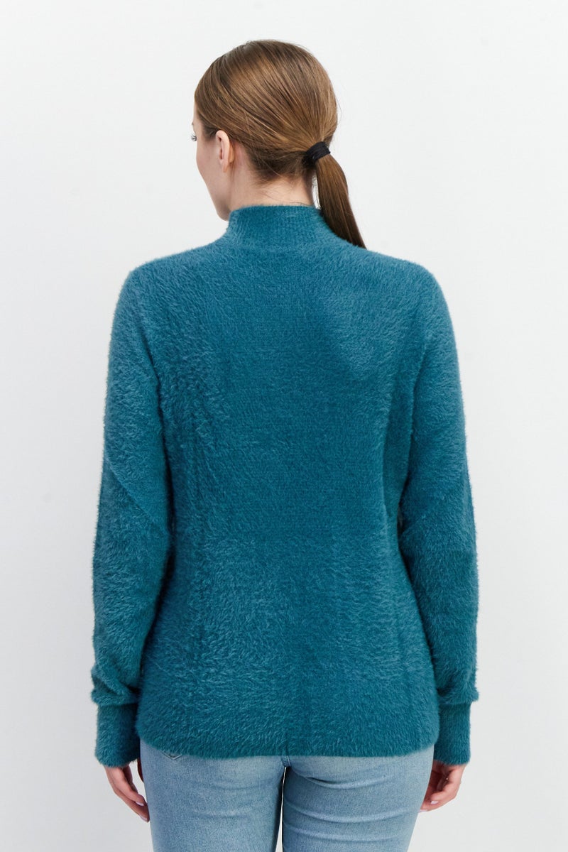 Women Mock Neck Textured Sweater, Teal