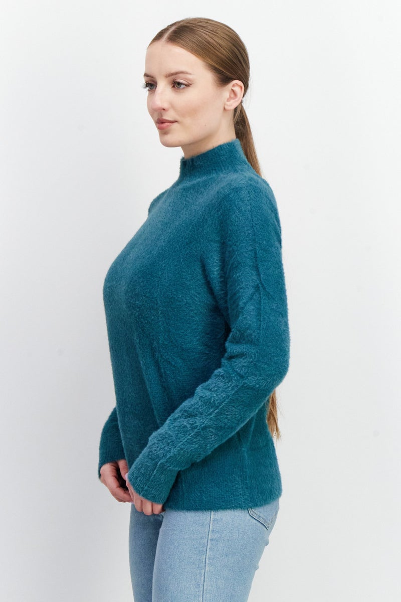 Women Mock Neck Textured Sweater, Teal