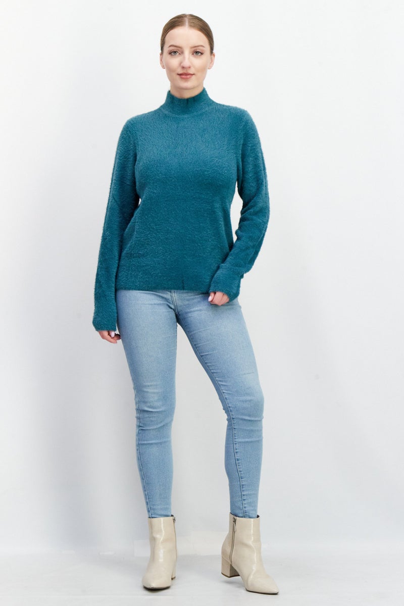 Women Mock Neck Textured Sweater, Teal