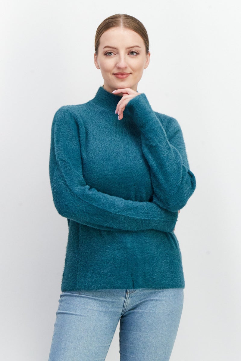 Women Mock Neck Textured Sweater, Teal