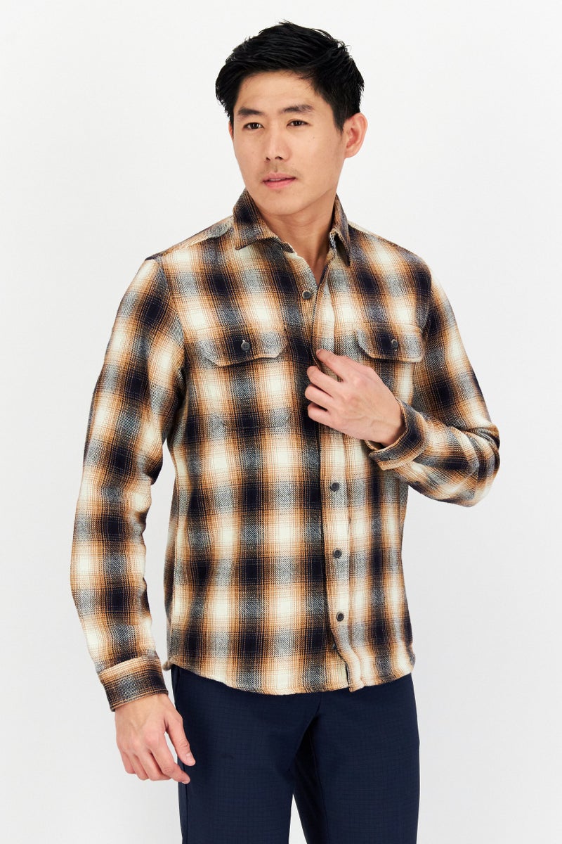 Men Regular Fit Plaid Brawny Flannel Shirt, Brown Combo