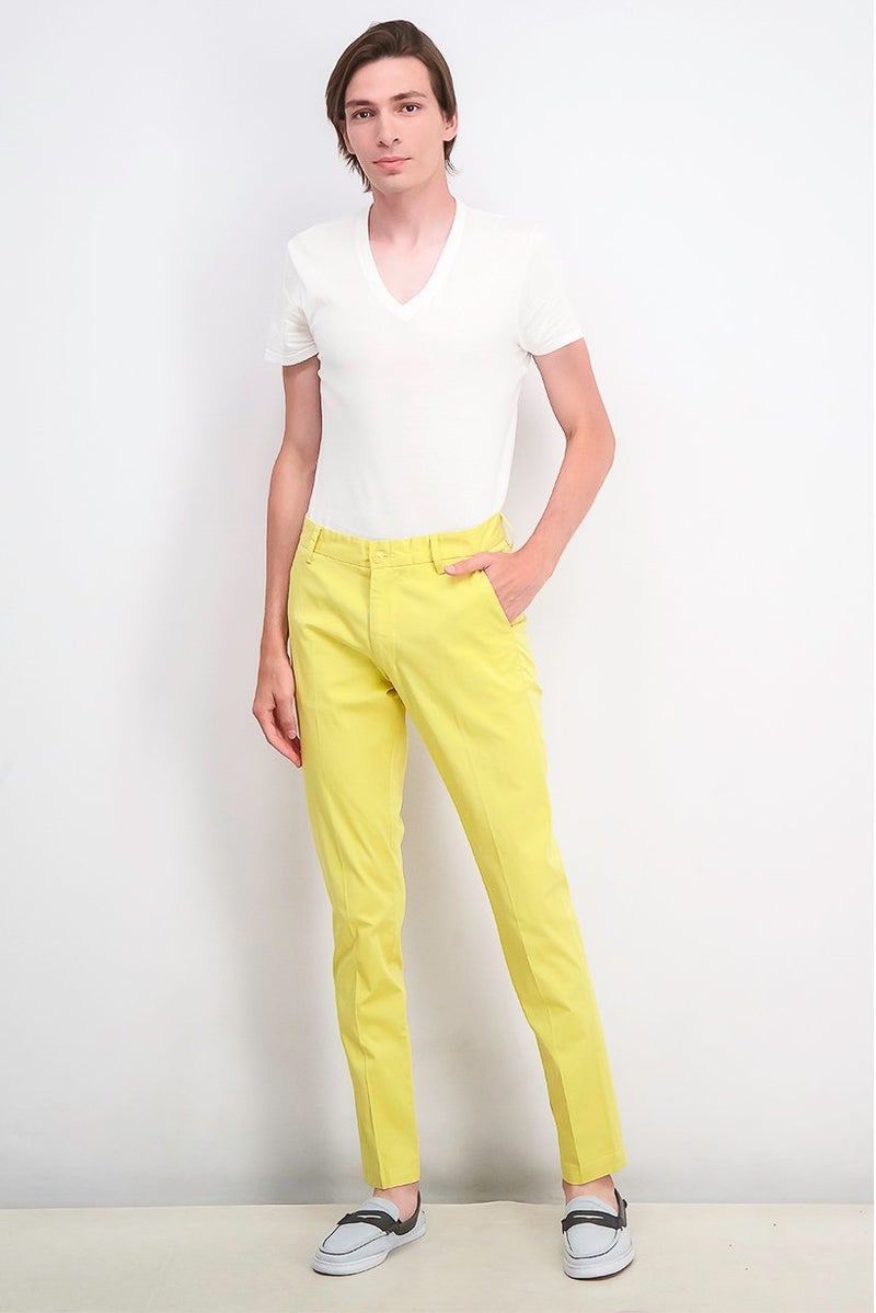 Men Regular Fit Stretchable Plain Chino Pants, Yellow