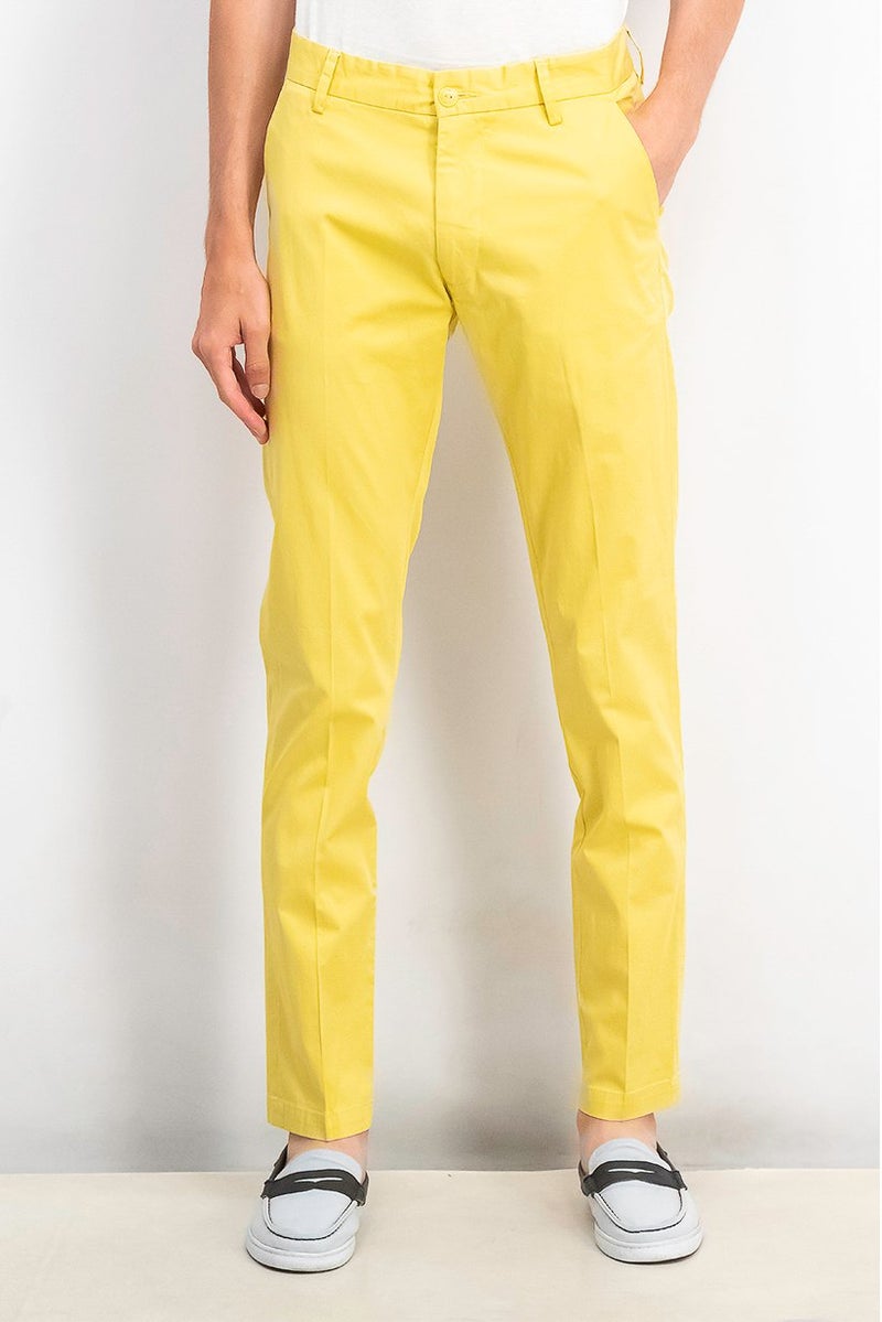 Men Regular Fit Stretchable Plain Chino Pants, Yellow