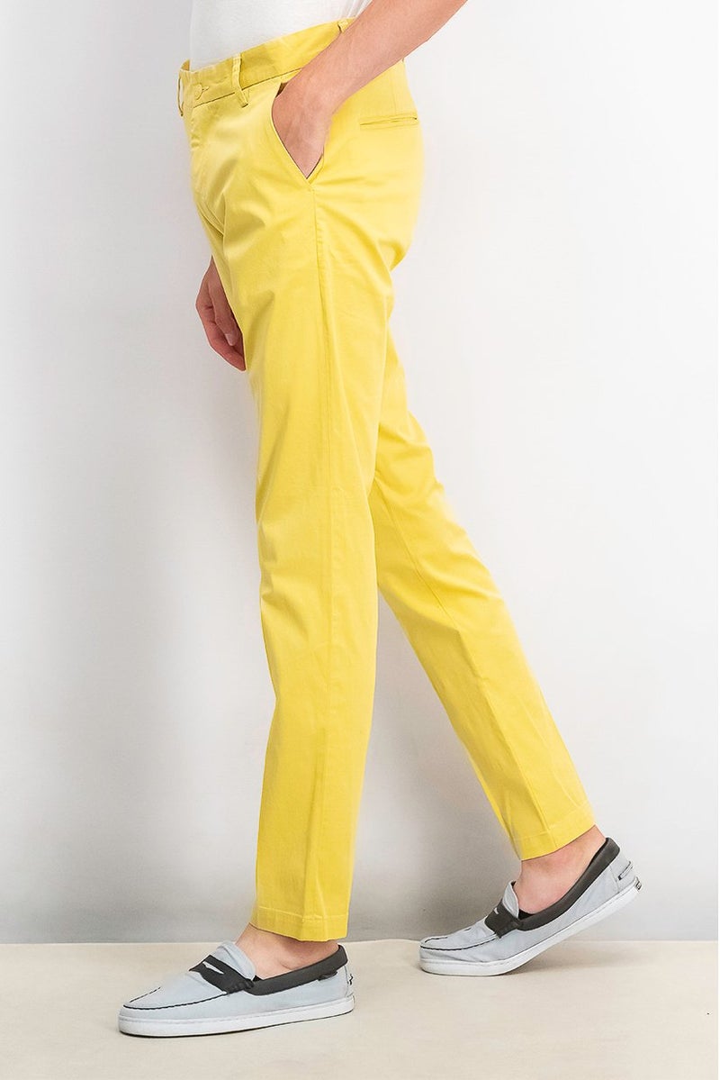 Men Regular Fit Stretchable Plain Chino Pants, Yellow