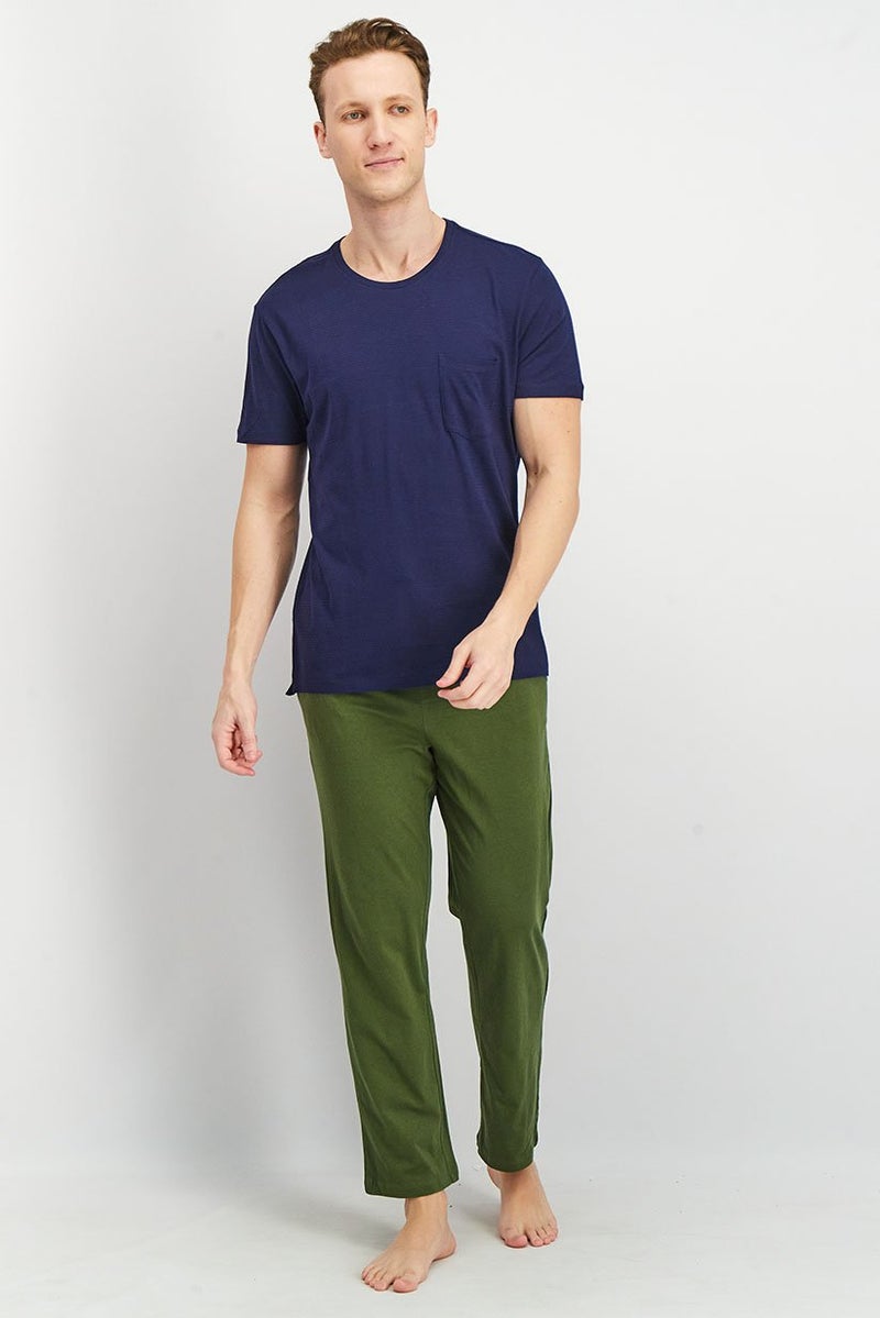 Men 2 Piece Short Sleeve T shirt And Pants Pajama Set, Navy/Green