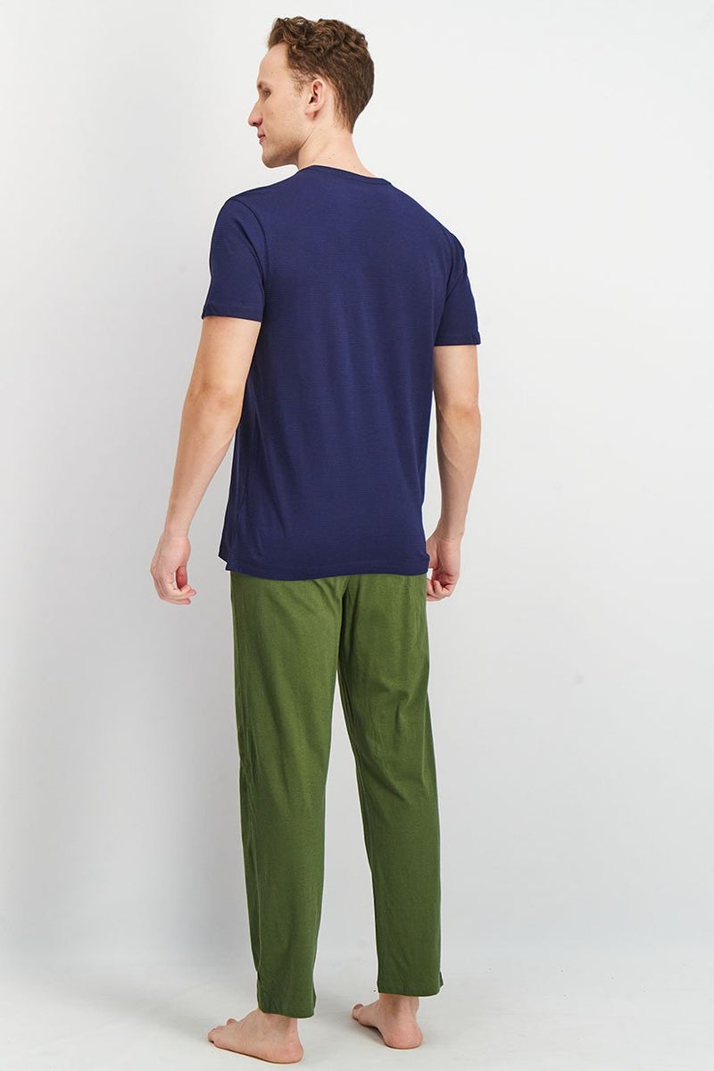 Men 2 Piece Short Sleeve T shirt And Pants Pajama Set, Navy/Green