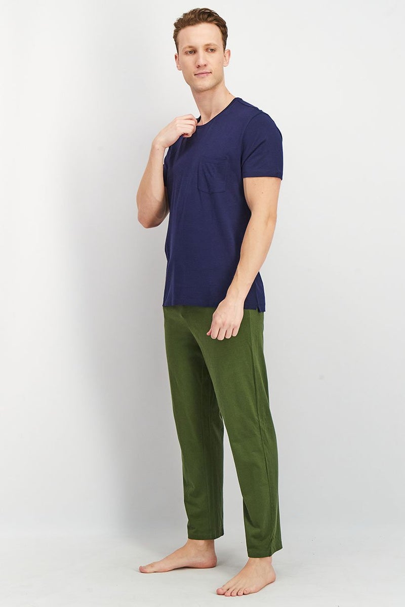 Men 2 Piece Short Sleeve T shirt And Pants Pajama Set, Navy/Green