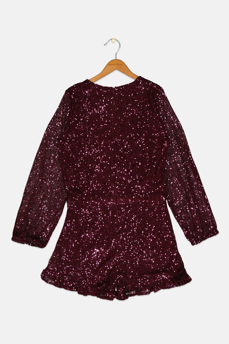 Kids Girl Sequin Long Sleeves Playsuit, Purple