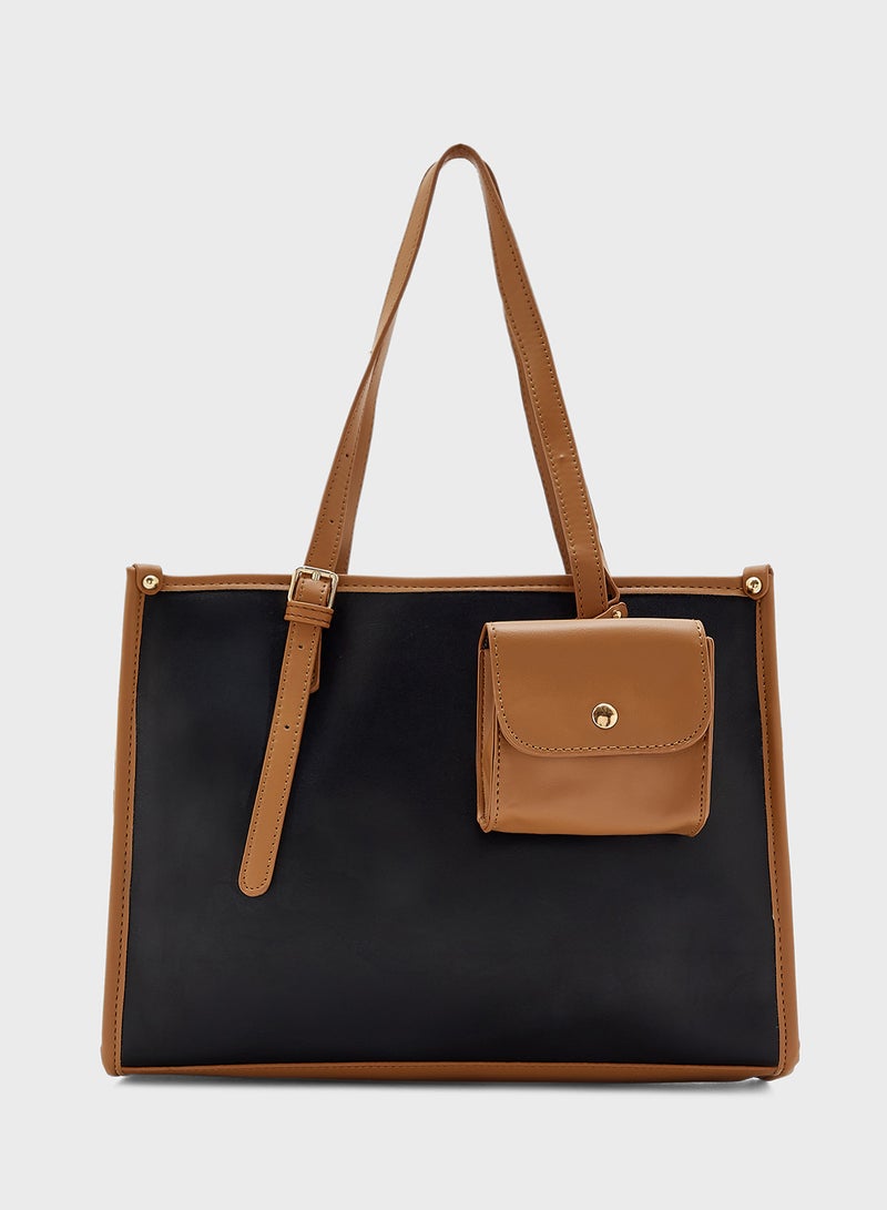 Contrast Color Tote Bag With Pouch