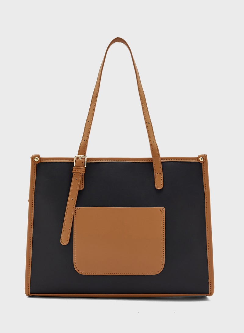 Contrast Color Tote Bag With Pouch