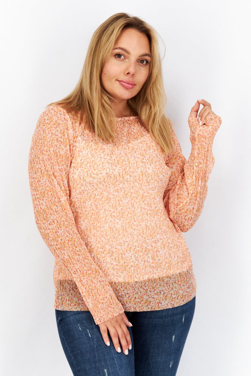 Women Round Neck Long Sleeve Floral Pattern Blouse, Orange Combo