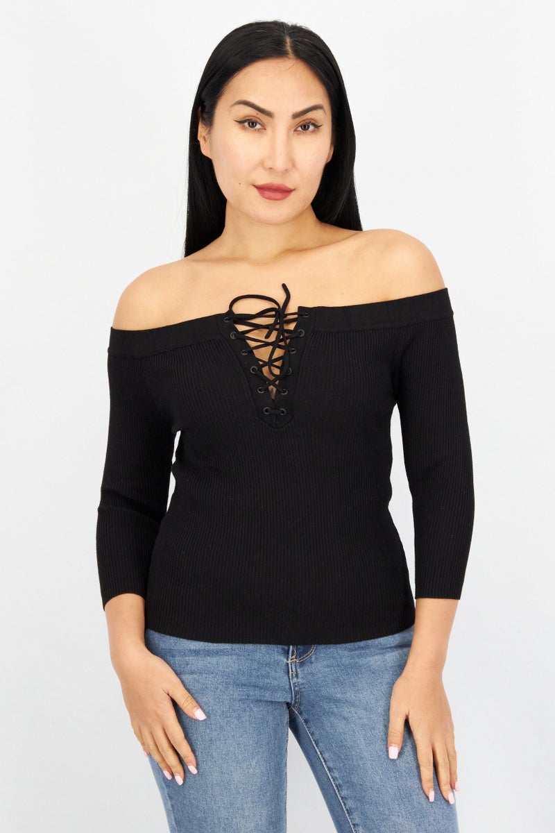 Women Off Shoulder 3/4 Sleeves Ribbed Top, Black