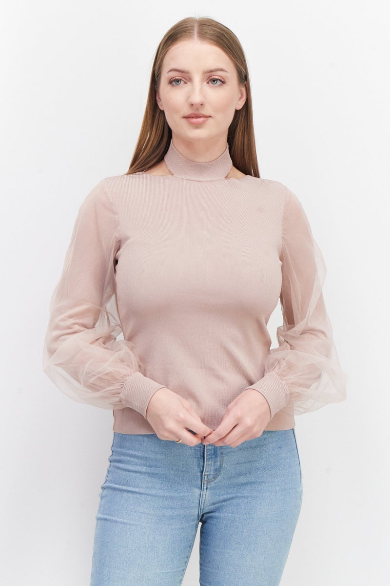 Women Tie Neck Long Sleeve Plain Blouse, Mauve