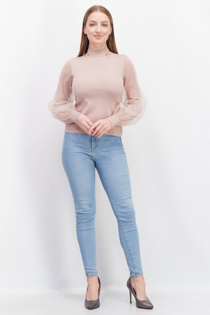 Women Tie Neck Long Sleeve Plain Blouse, Mauve