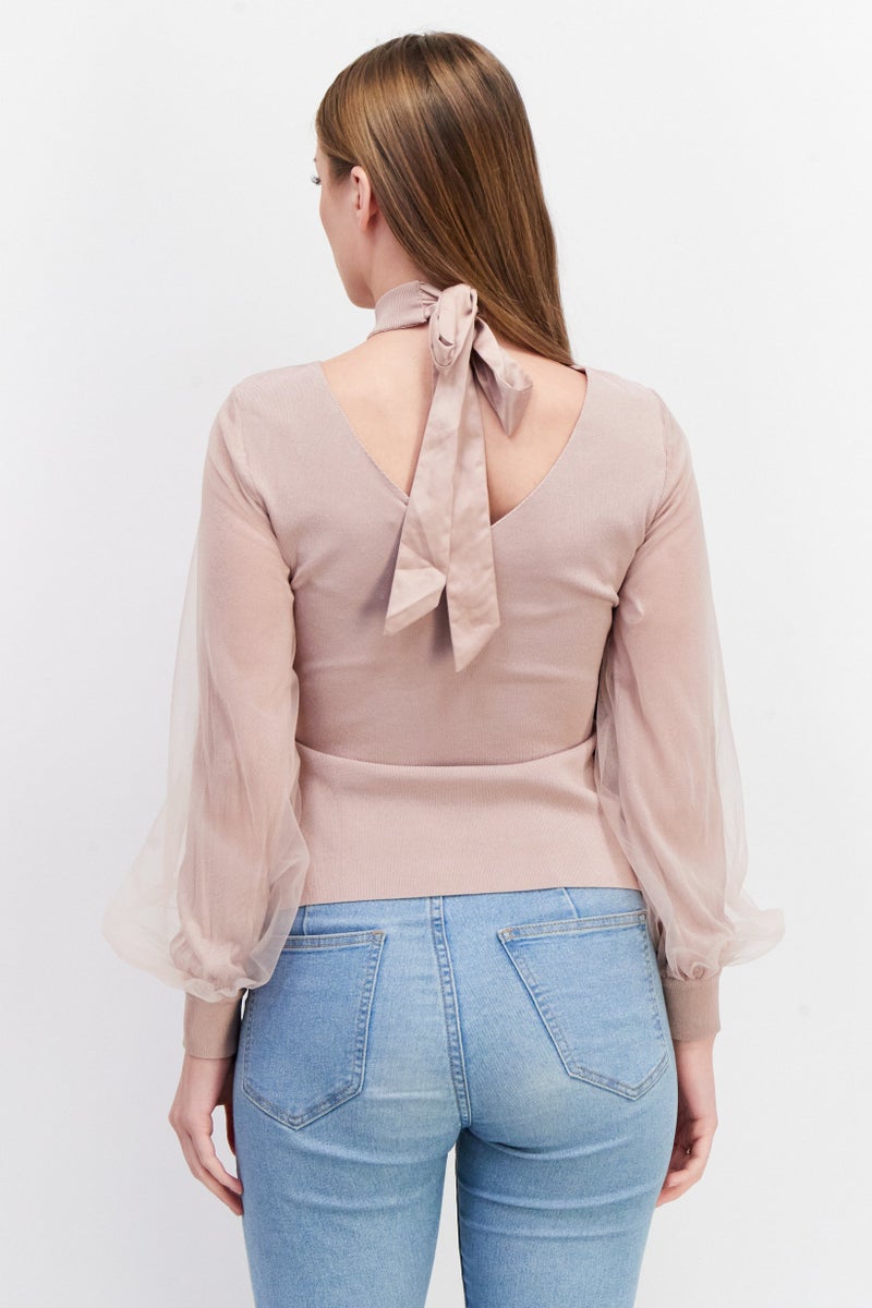 Women Tie Neck Long Sleeve Plain Blouse, Mauve