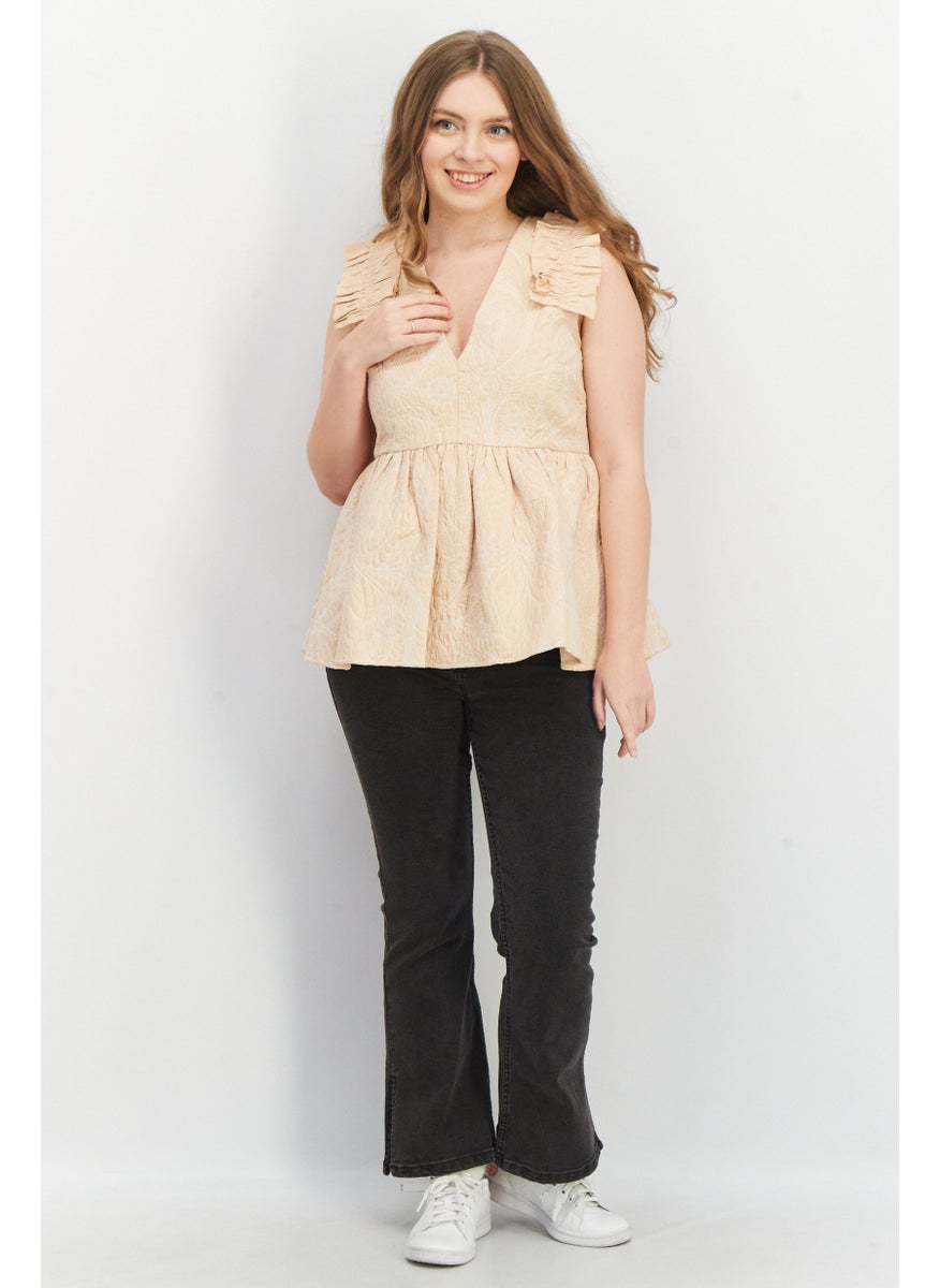 Women V Neck Sleeveless Embroidered Quilted Top, Tan