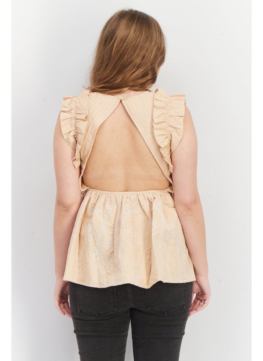 Women V Neck Sleeveless Embroidered Quilted Top, Tan