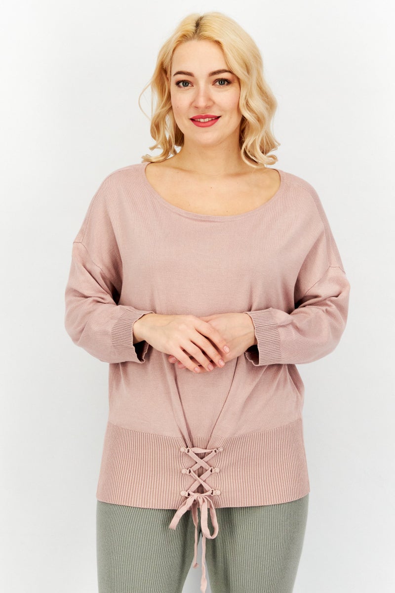 Women Round Neck Long Sleeve Plain Top, Fawn Pink